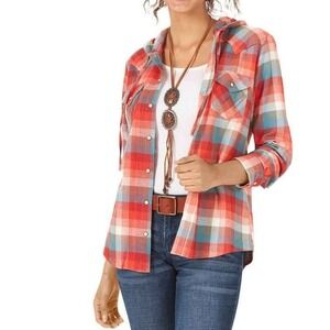 Wrangler Retro Womens Western Plaid Hooded L/S Flannel Shirt, Orange Blue, S